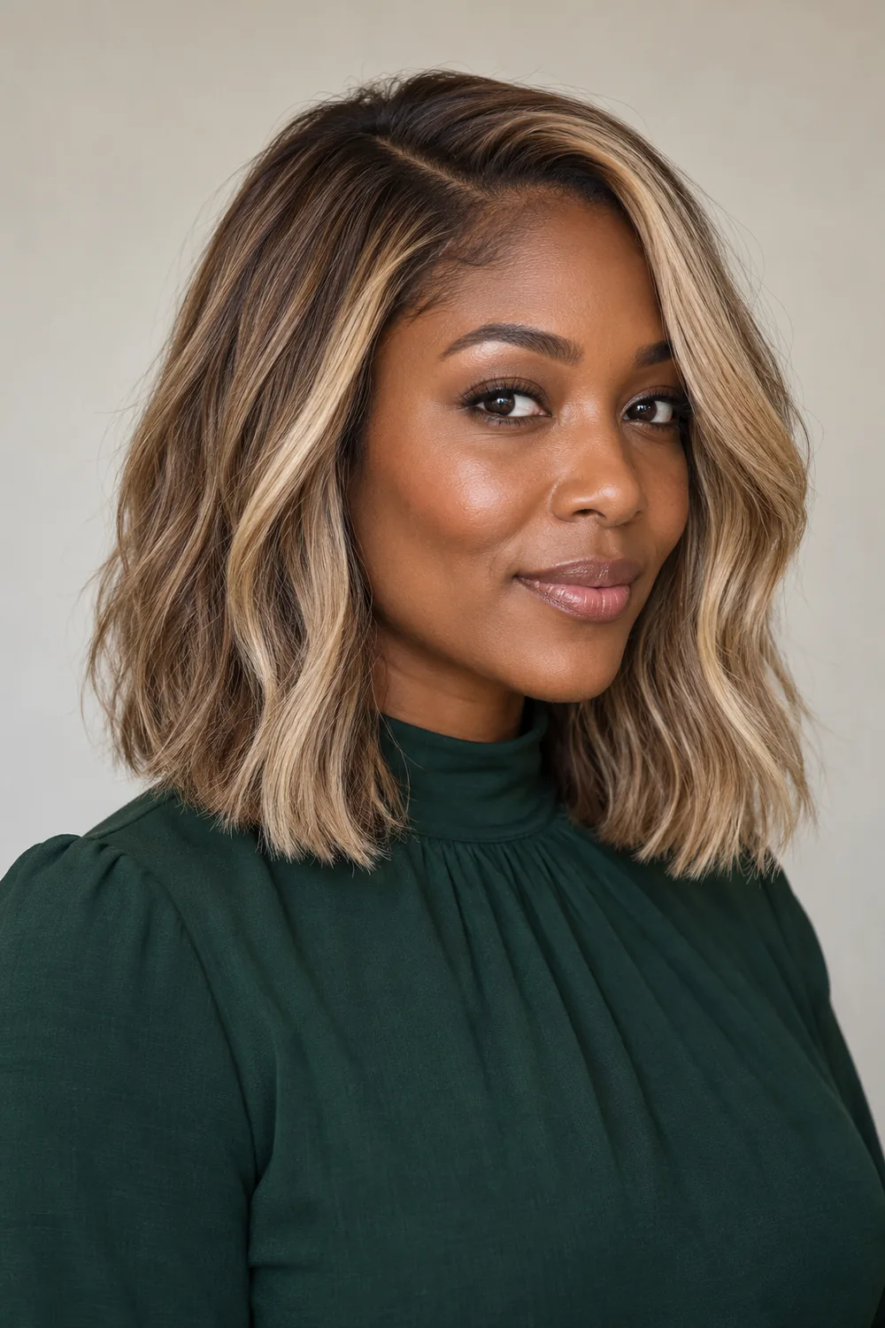 A Black woman with a side-parted collarbone-length dirty blonde lob, broad honey-beige face-framing highlights, and finer lighter strands through the back.