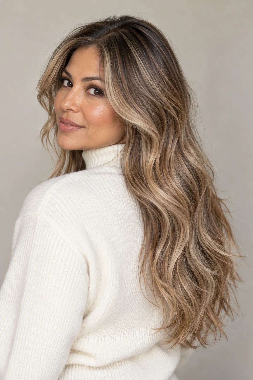 Long layered S-waves with a deeper dirty blonde root area and lighter beige highlights around the face and through the ends, shown on an adult woman in an ivory high-neck sweater.