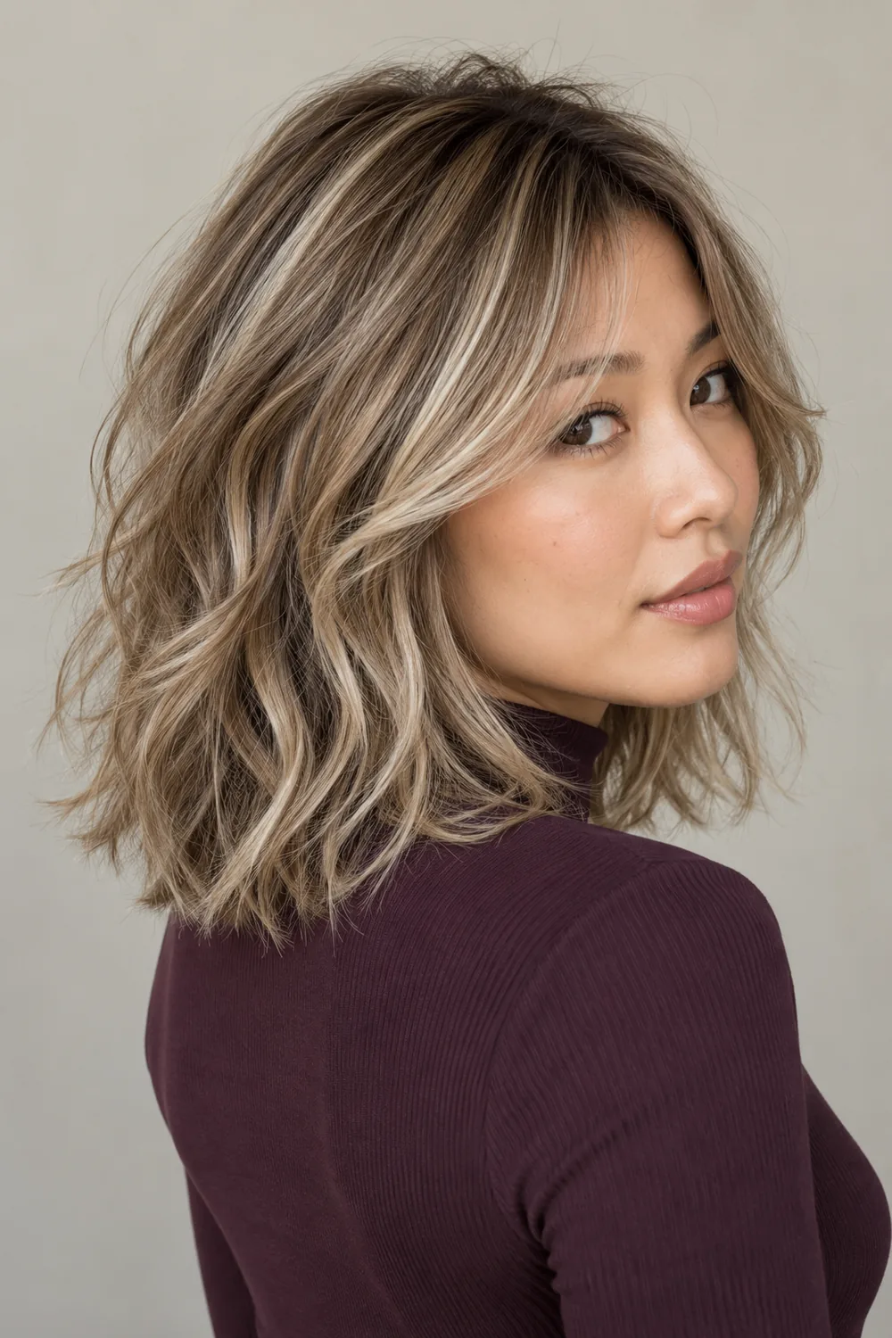A woman in a plum high-neck top looks over her shoulder, showing a tousled shoulder-length shag with a smoky dirty blonde base and lighter ash-beige ribbons.