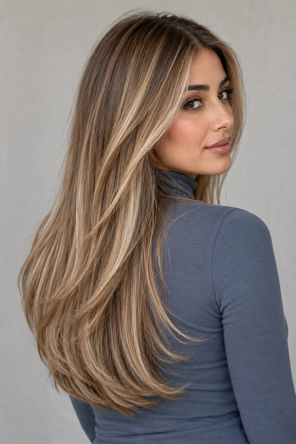 A woman in a slate blue high-neck top looks over her shoulder, showing long layered dirty blonde hair with a soft root melt and bright pearl-beige highlights.