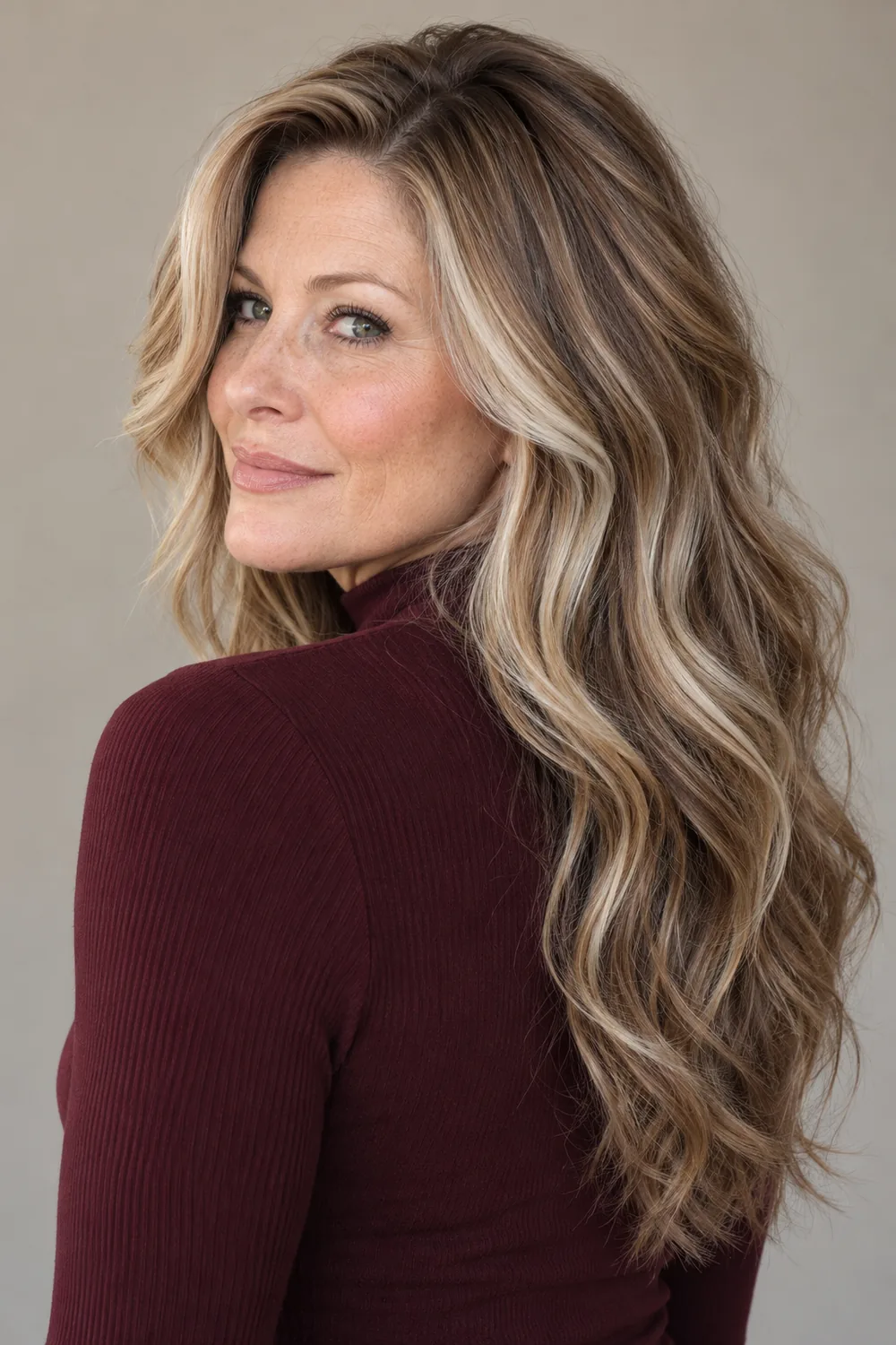 A woman in a burgundy high-neck top looks over her shoulder, showing long dirty blonde waves with bright vanilla highlights and caramel lowlights.