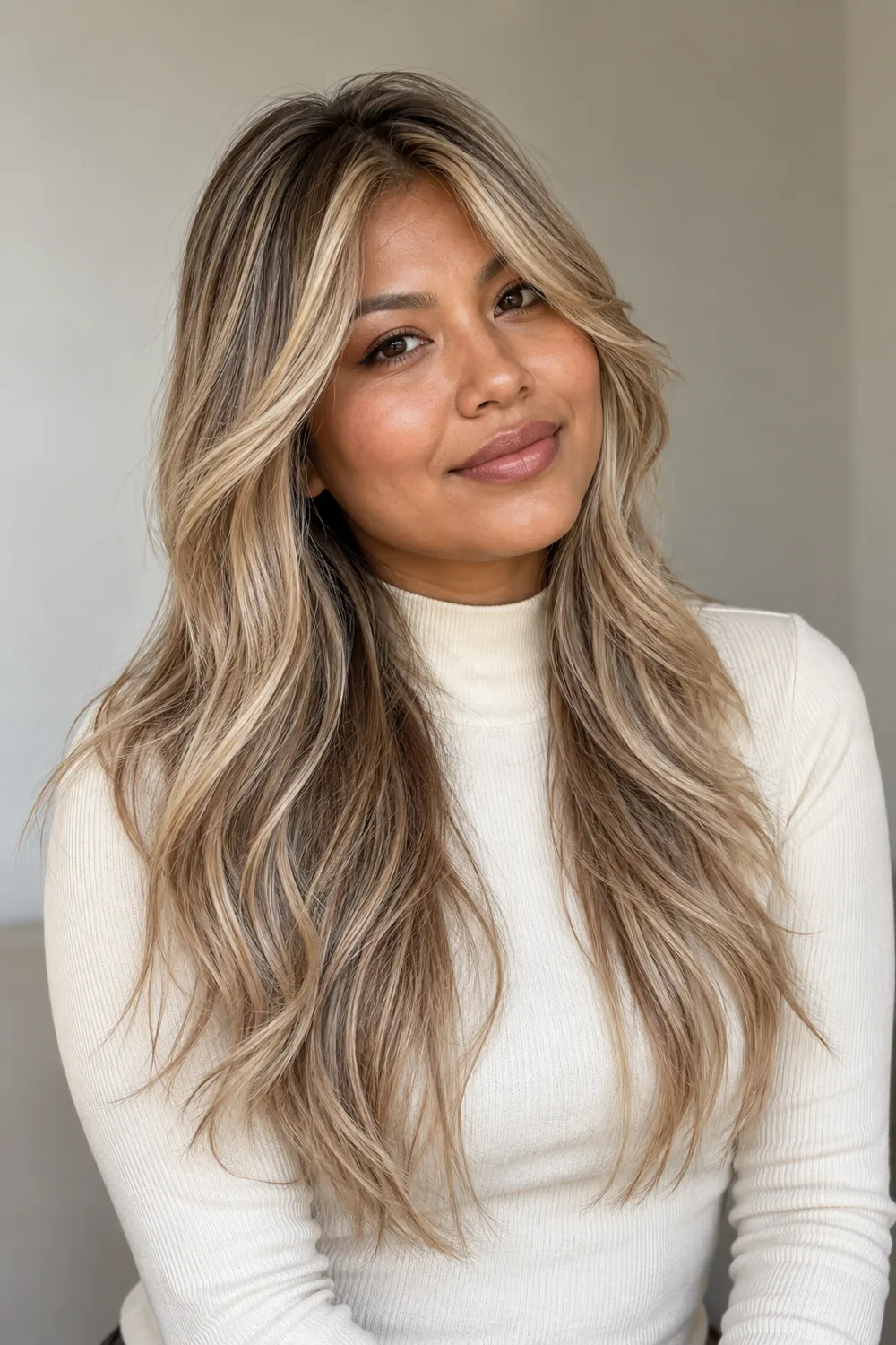 A woman with long, softly waved dirty blonde hair, curtain fringe and pale beige highlights framing her face.