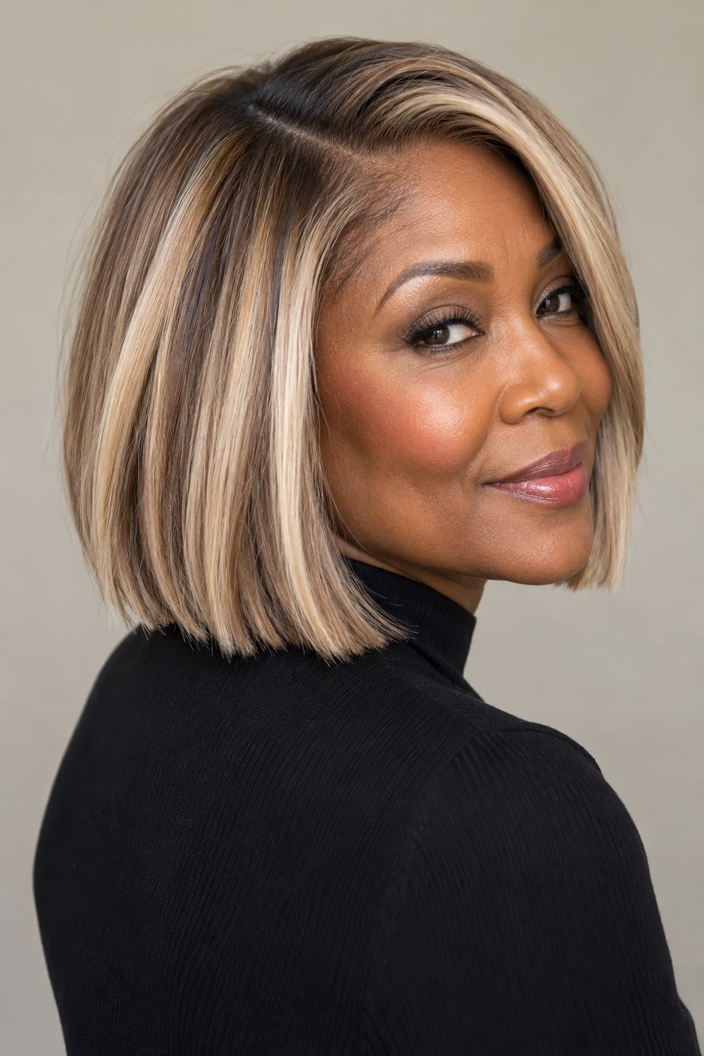 A fictional adult Black woman in a three-quarter portrait with a jaw-length blunt dirty blonde lob, wide pale sand highlights, a deep side part, and a black high-neck top.