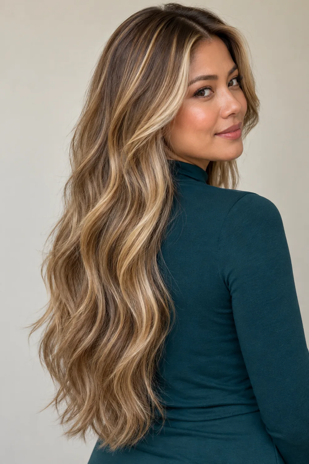 A woman in a deep teal high-neck top looks over her shoulder, showing long, textured dirty blonde hair with broad honey-gold highlights from the temples through the ends.