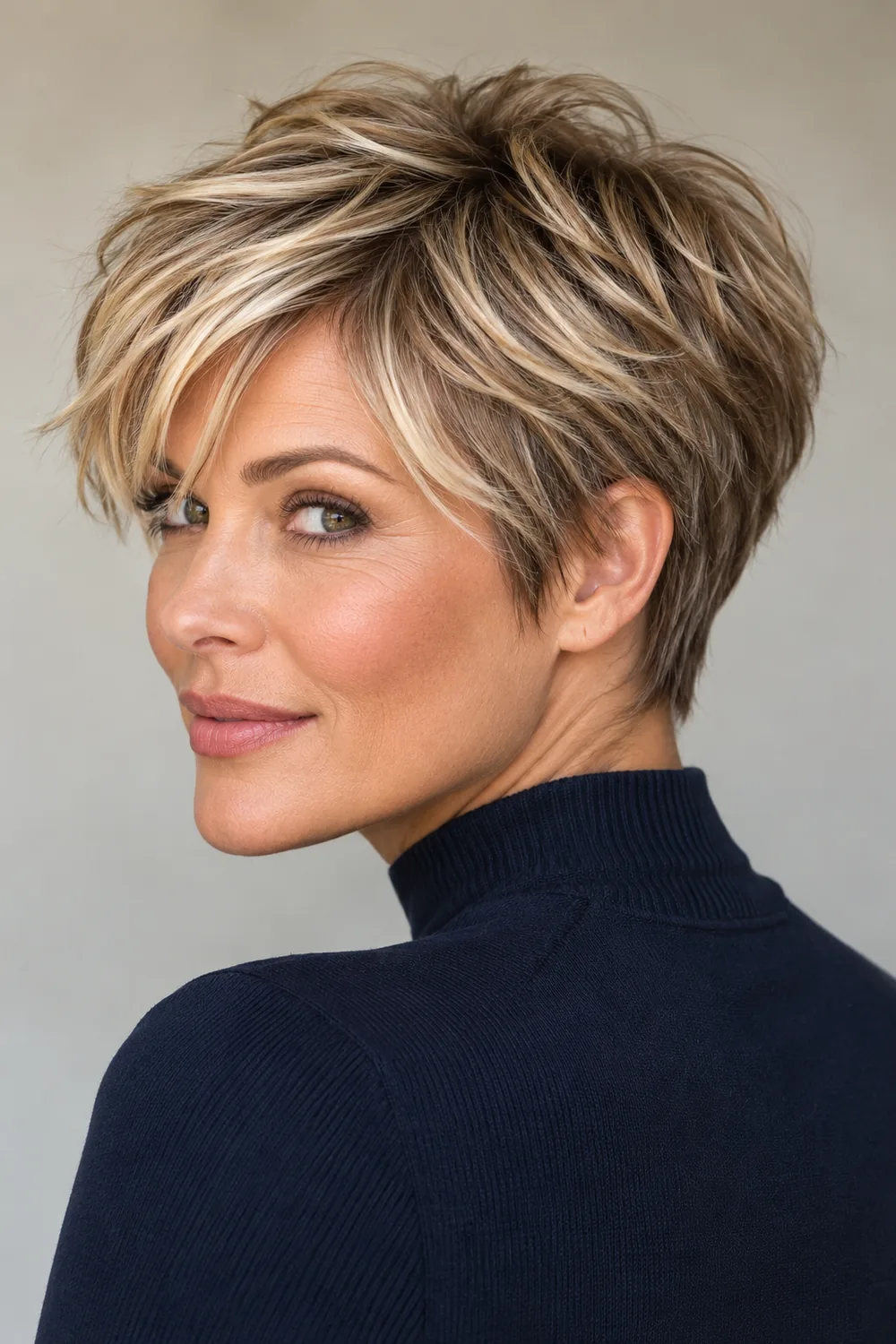 A woman in a navy high-neck top wears a tousled dirty blonde pixie with pale wheat highlights across the crown and fringe, and darker tapered sides.