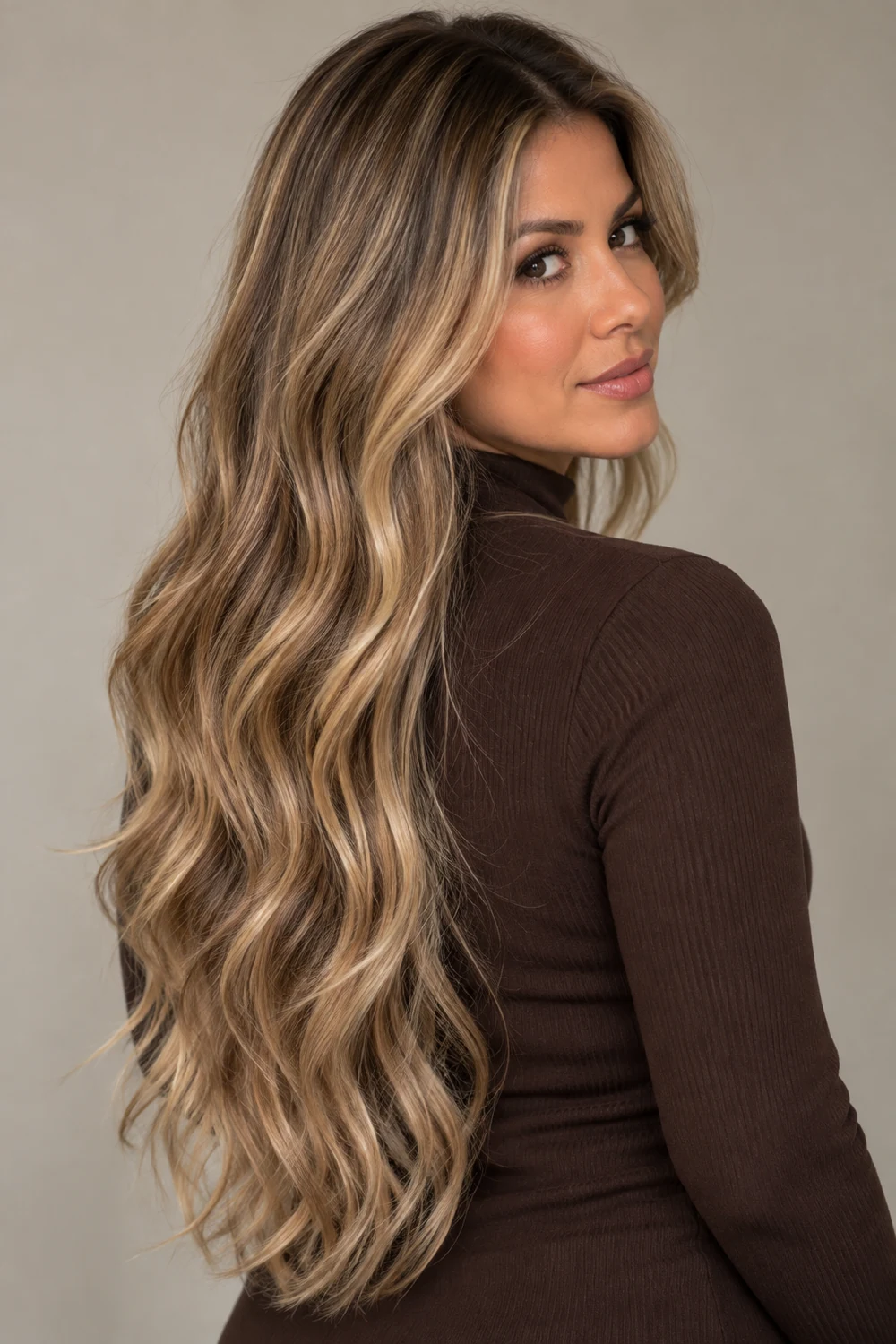 An adult woman in a dark chocolate high-neck top looks over her shoulder, showing long dirty blonde waves with lighter beige highlights and visible darker roots.