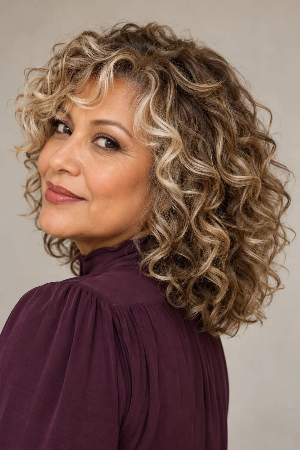 A woman with a shoulder-length curly dirty blonde shag and lighter biscuit-beige highlights framing her face and crown.