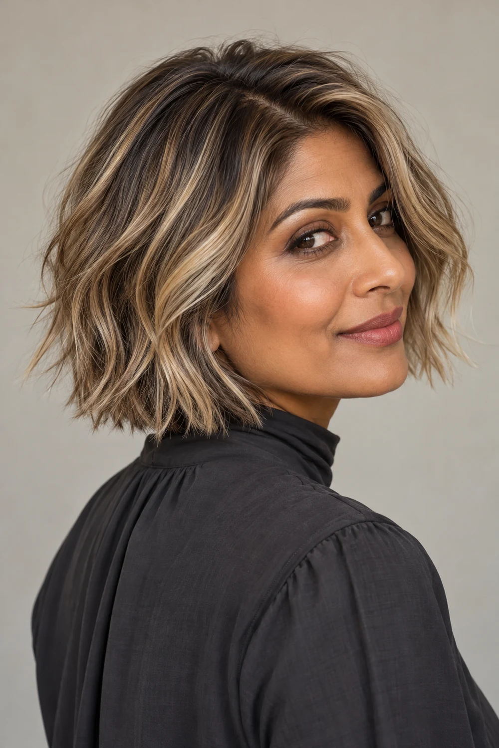 A woman with a choppy, chin-length dirty blonde bob featuring fine ivory-beige highlights and soft root shading, shown in three-quarter view.