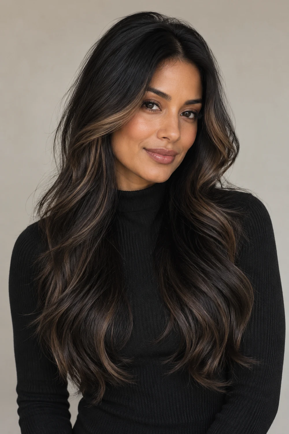An adult woman in a three-quarter portrait with long black waves and fine mocha ribbons framing both sides of her face.