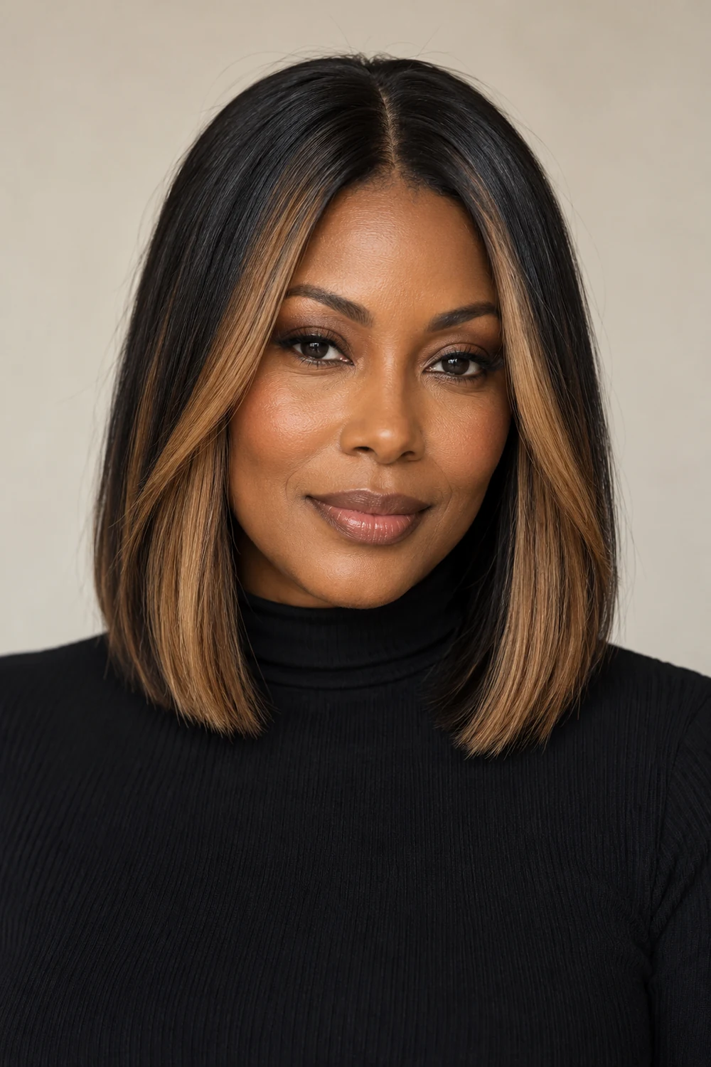 Frontal portrait of an adult woman with a blunt shoulder-length black bob and wide caramel panels framing both cheeks from near the roots to the ends.