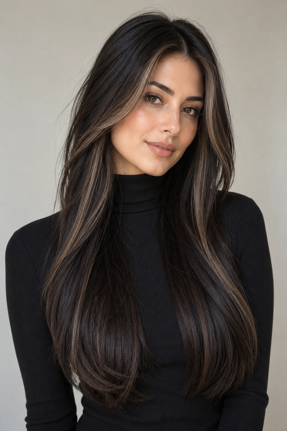 Long, straight black hair with slim cool ash-brown highlights framing both sides of an adult woman’s face.