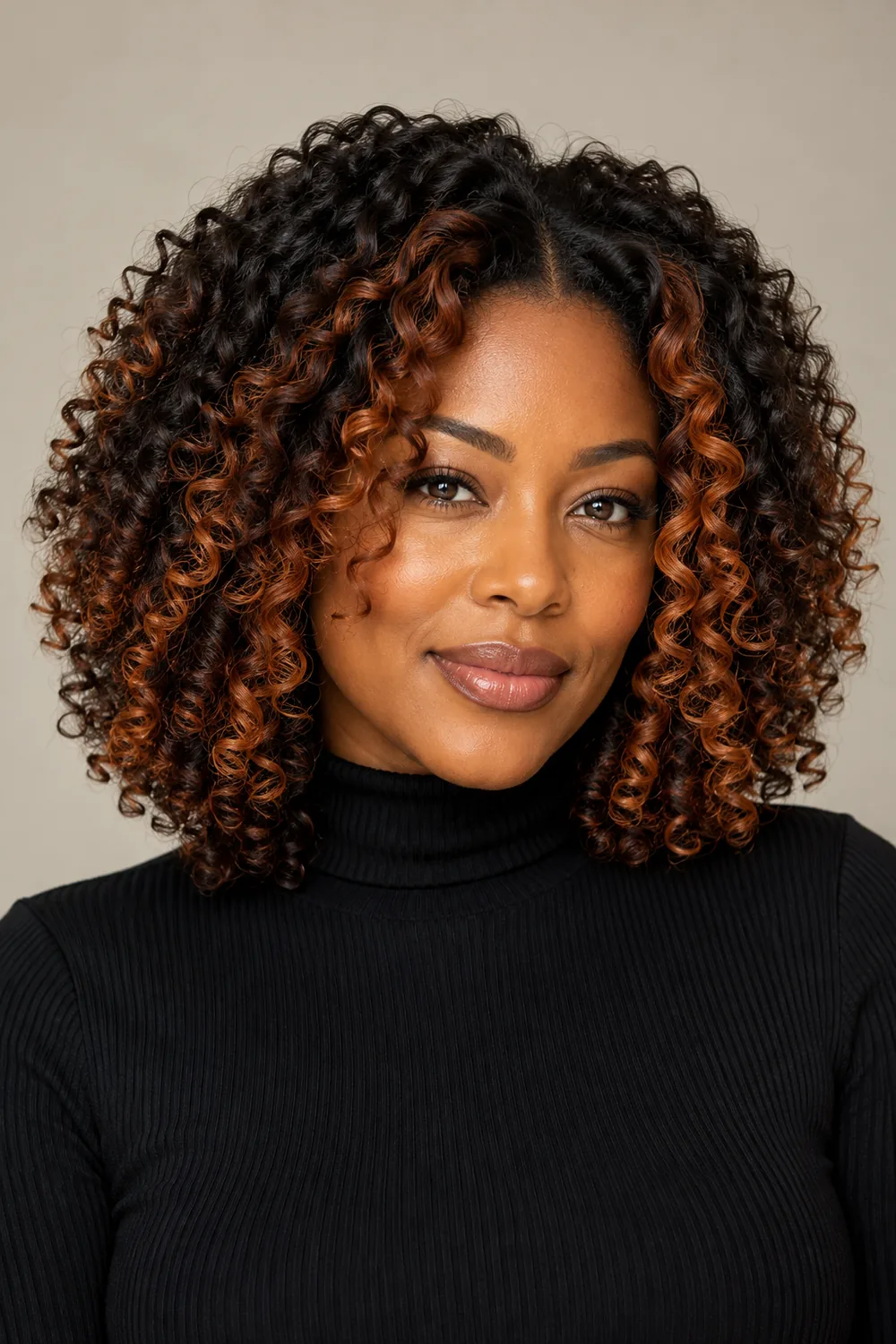 Adult woman with shoulder-length tight black coils and vivid copper face-framing curls, wearing a black high-neck top against a neutral background.