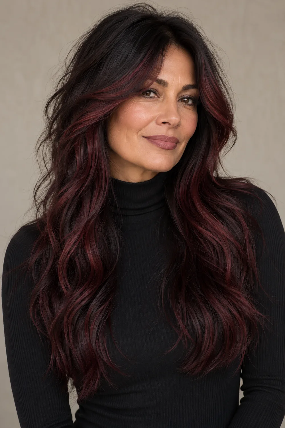Adult woman with a long, wavy black shag and burgundy face-framing highlights, wearing a black high-neck top against a neutral background.