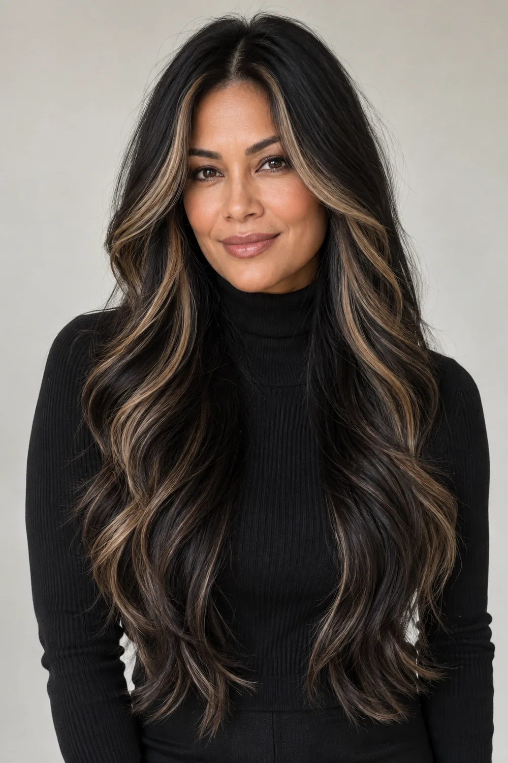 Front-facing portrait of an adult woman with long, wavy black hair and narrow beige-blonde highlights framing her face, shown from crown to ends.