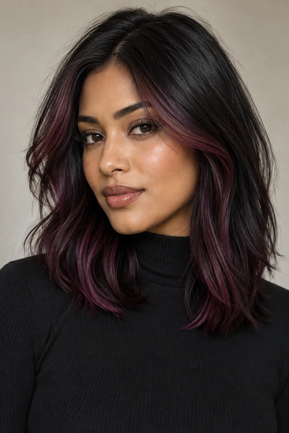 Adult woman with a black layered lob and plum peekaboo highlights framing her face, shown against a neutral background.