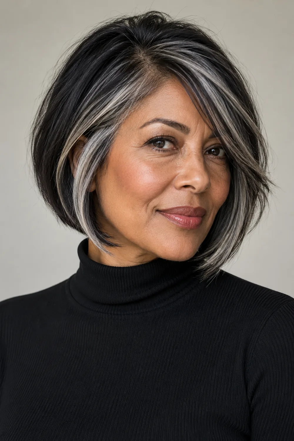 Adult woman with a black angled bob and distinct silver-gray ribbons framing her face.