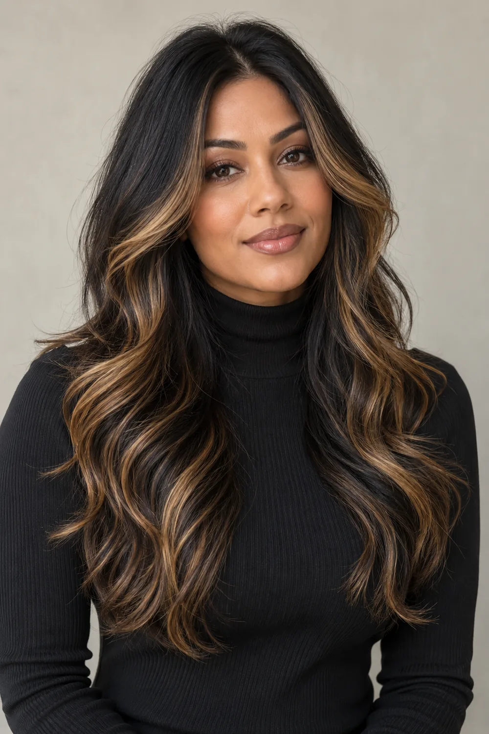 Adult woman with long, loose black waves, warm honey face-framing highlights, and feathered lighter ends, wearing a black high-neck top against a neutral background.
