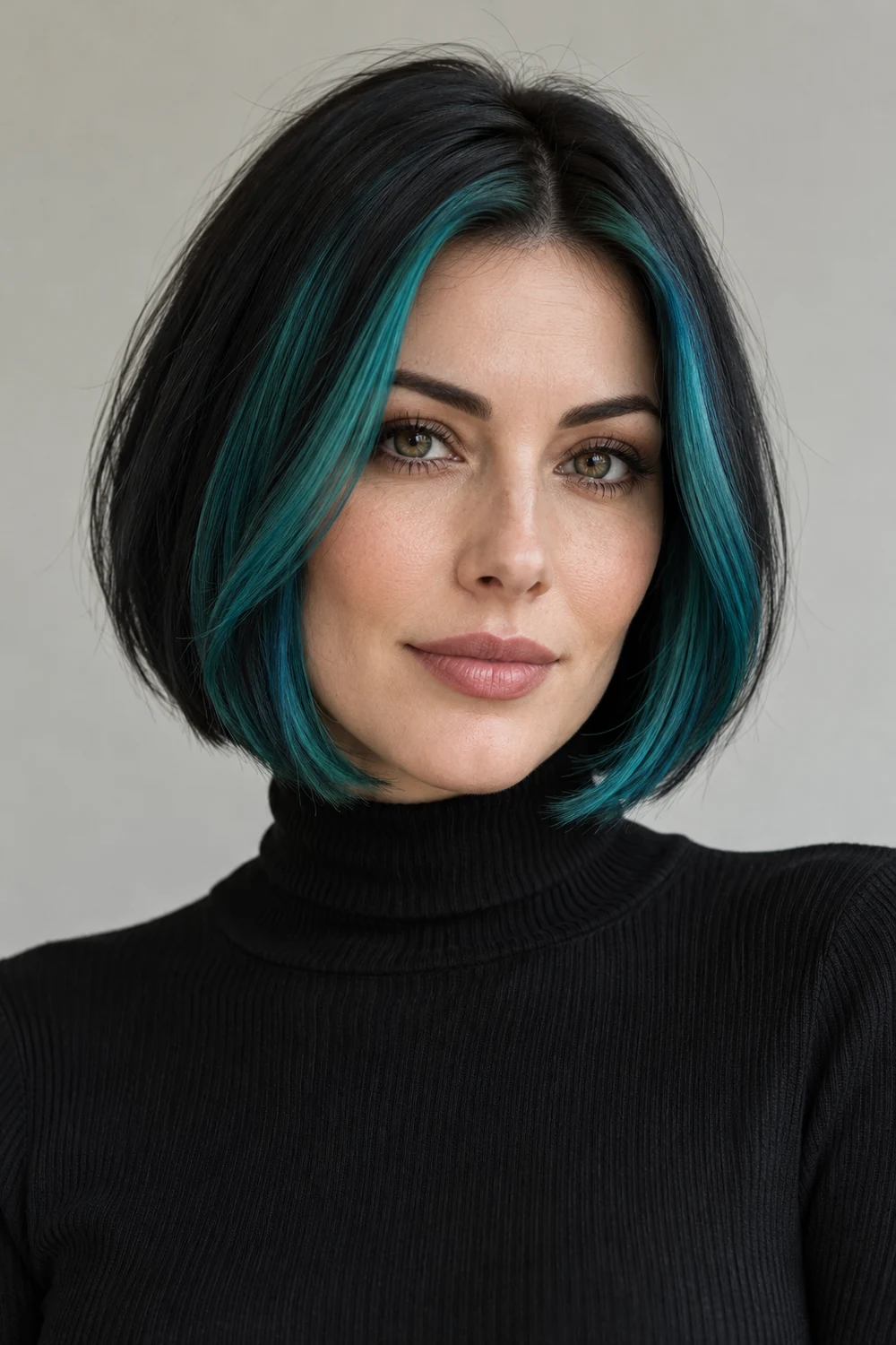 Adult woman with a chin-length black bob and saturated teal highlights framing both sides of her face.