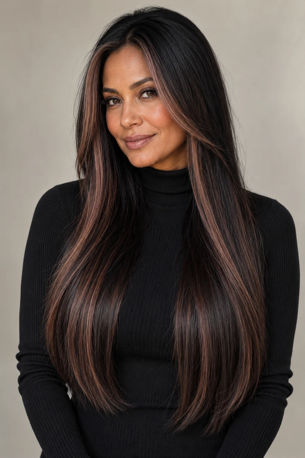 A woman with long, smooth black hair and muted rose-brown face-framing highlights, wearing a black high-neck top against a neutral background.