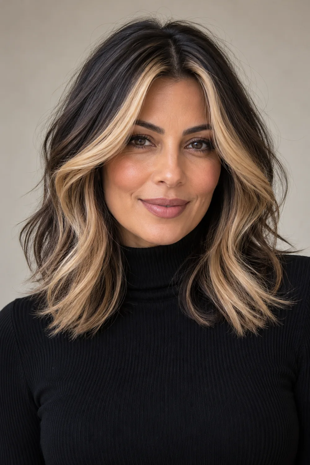 Fictional adult woman with shoulder-length black layered hair and broad golden blonde face-framing highlights, wearing a black high-neck top against a neutral background.