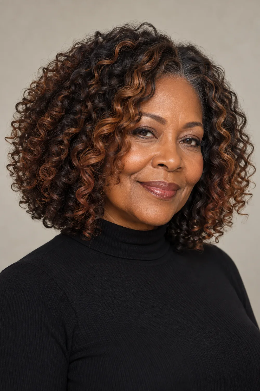 Three-quarter portrait of an adult woman with rounded black curls and warm auburn ribbons framing her face, wearing a black high-neck top.