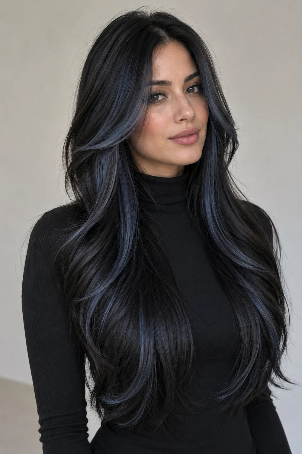 Adult woman with long, layered jet-black hair and cool blue-black face-framing bands, photographed from a three-quarter angle against a neutral background.