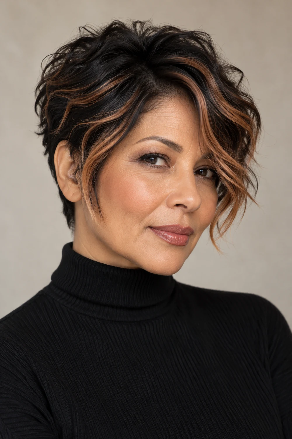 Adult woman with a textured black pixie cut and fine peach-copper highlights framing her face through the longer swept fringe and temples.