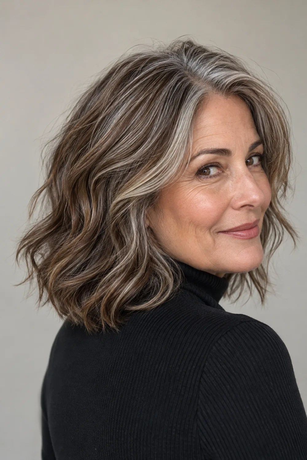 Mature woman in a three-quarter rear portrait with collarbone-length wavy brown hair, distinct silver strands, and subtle dark lowlights.