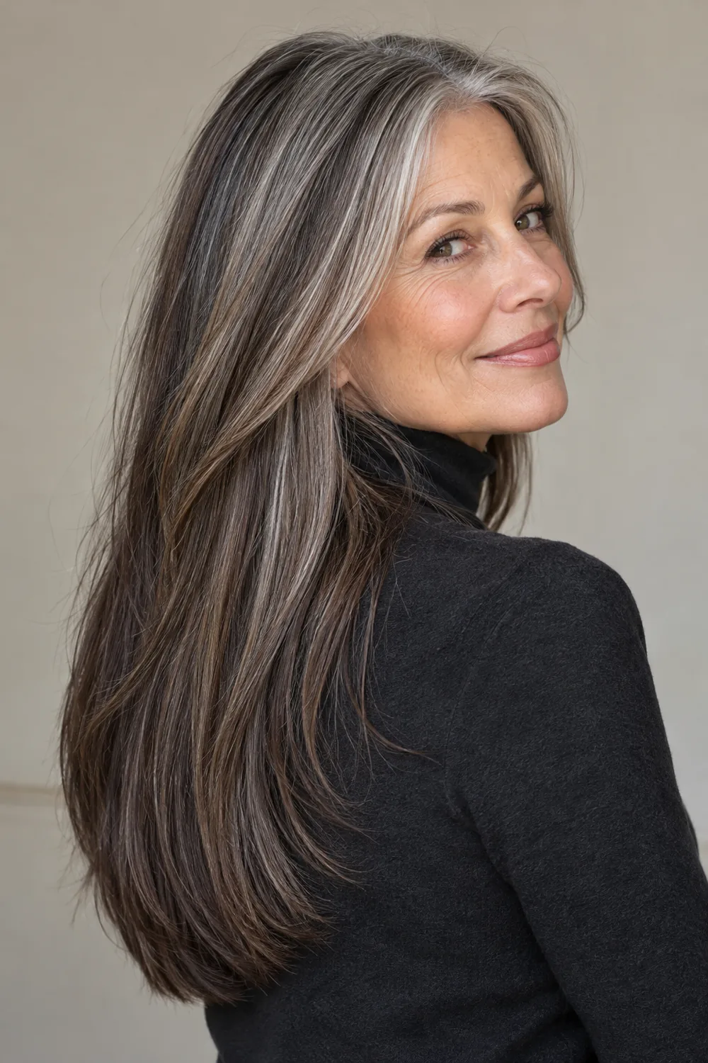 Mature woman in a rear three-quarter portrait with long dark brown layers, visible silver strands, and deeper brunette tones beneath and toward the ends.