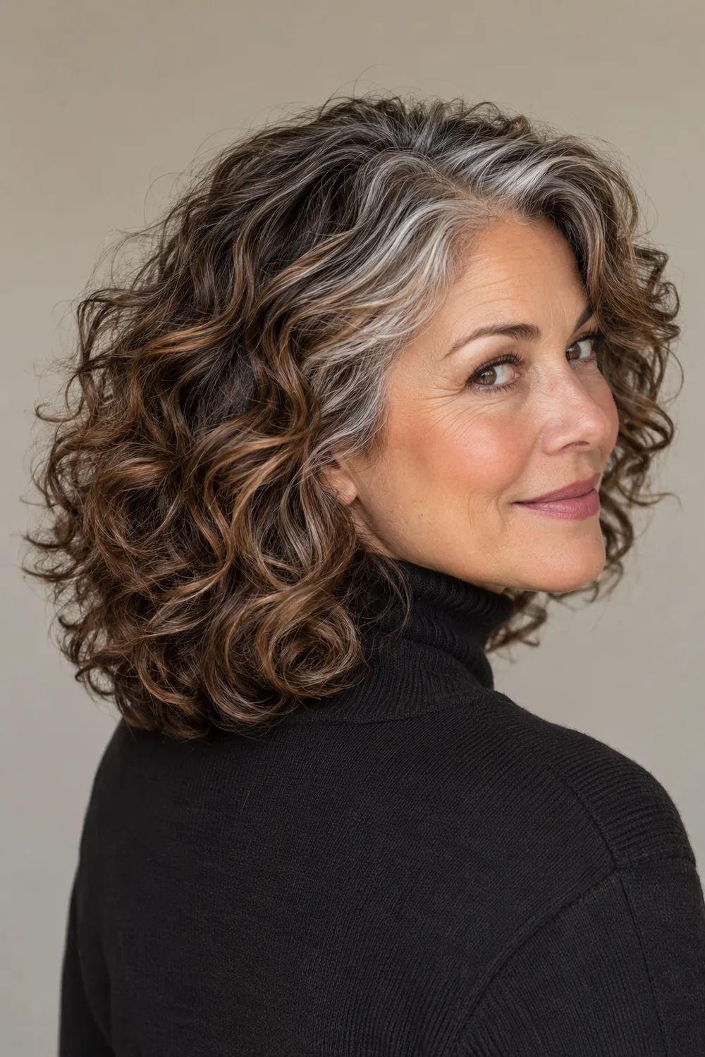 Mature woman with visible silver strands at her part and temples, blended into chestnut lowlights and medium brown shoulder-length curls.