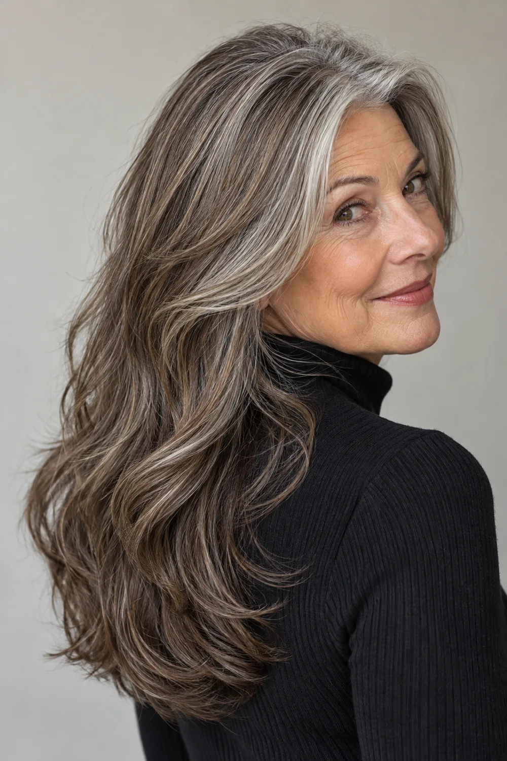 Mature woman in a rear three-quarter portrait with long brunette waves, cool brown lowlights, and visible silver strands.