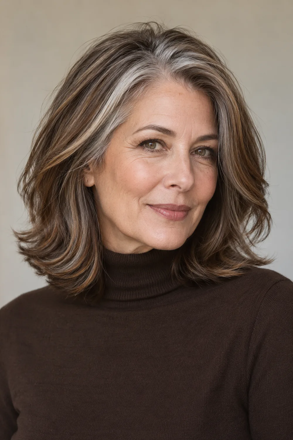 Mature woman with silver at the part and temples, brown hair with face-framing brunette lowlights, and a shoulder-length layered cut.