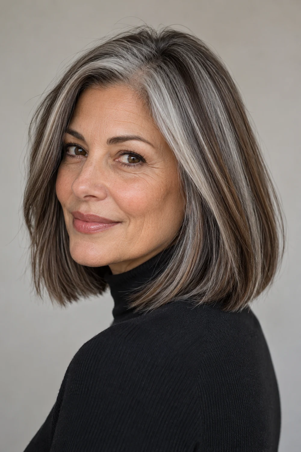 Mature woman with abundant silver strands and broad deep-brown lowlight ribbons in a straight, blunt shoulder-length lob.