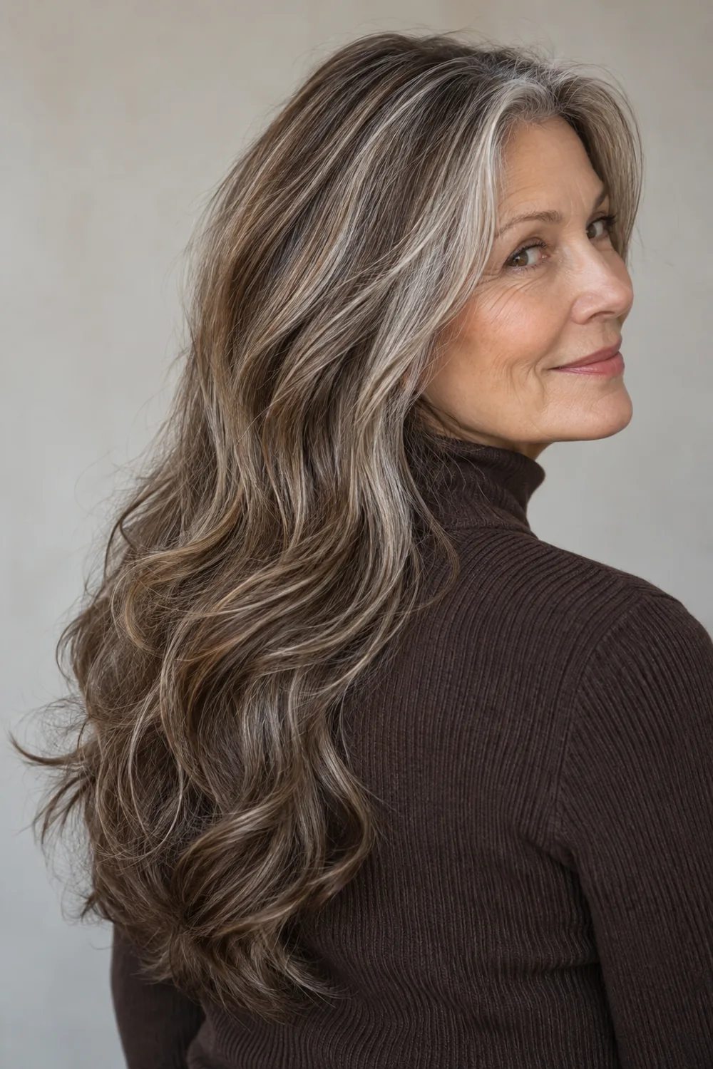 An older woman in a dark high-neck top with long, wavy brown hair blended with silver strands and deeper brown lowlights.