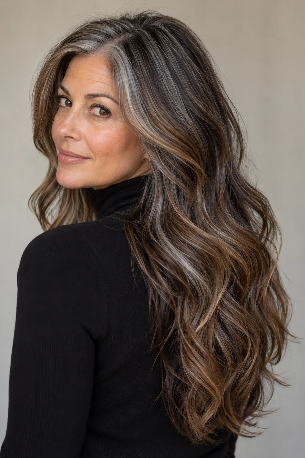 Adult woman with long wavy brunette hair, visible silver strands, and caramel-brown ribbons through the lower layers and ends, shown from a rear three-quarter angle.