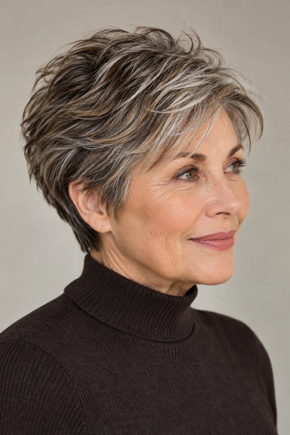 Mature woman in a three-quarter portrait with a tousled light brown pixie, visible silver strands, and dark espresso lowlights.