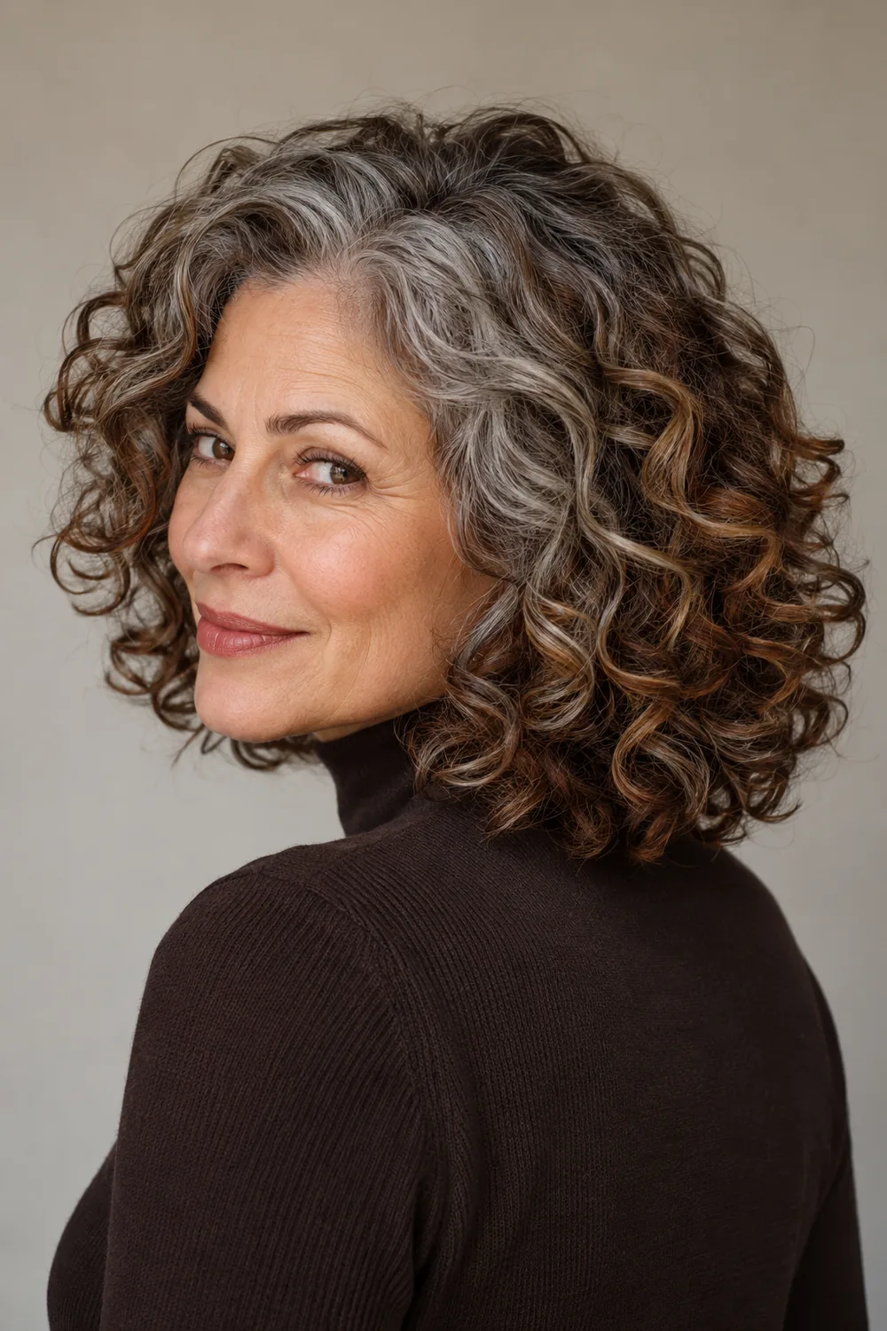 Three-quarter portrait of an adult woman with shoulder-length coiled brown curls, visible silver strands throughout, and auburn-brown lowlights.