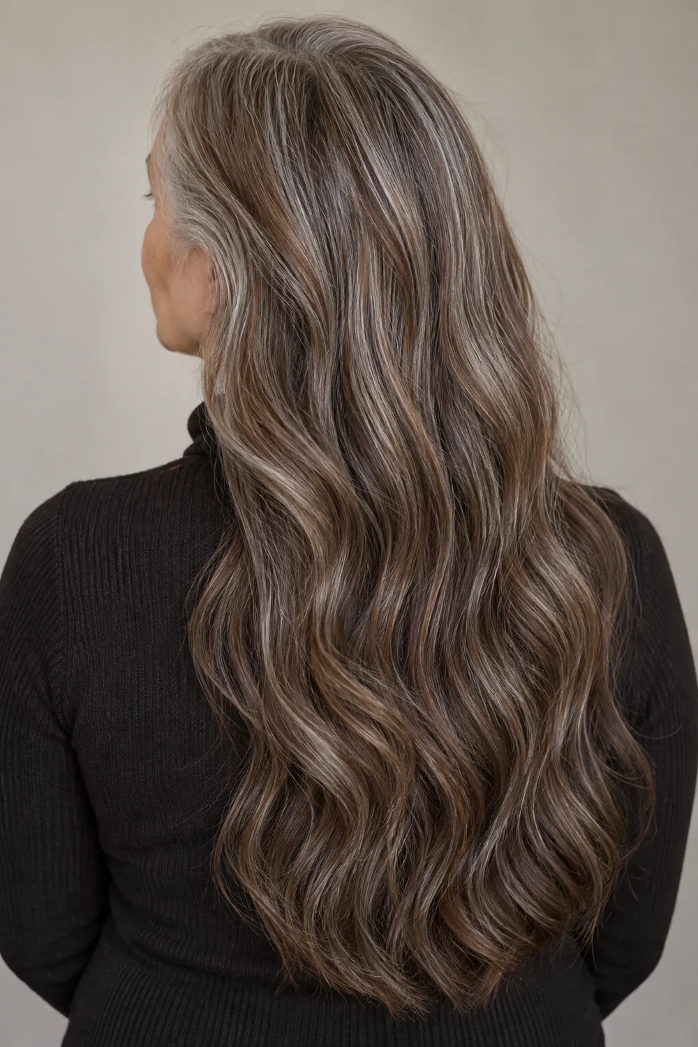 Rear three-quarter view of a woman with long, softly waved medium brown hair blended with fine brunette lowlights and visible silver strands.