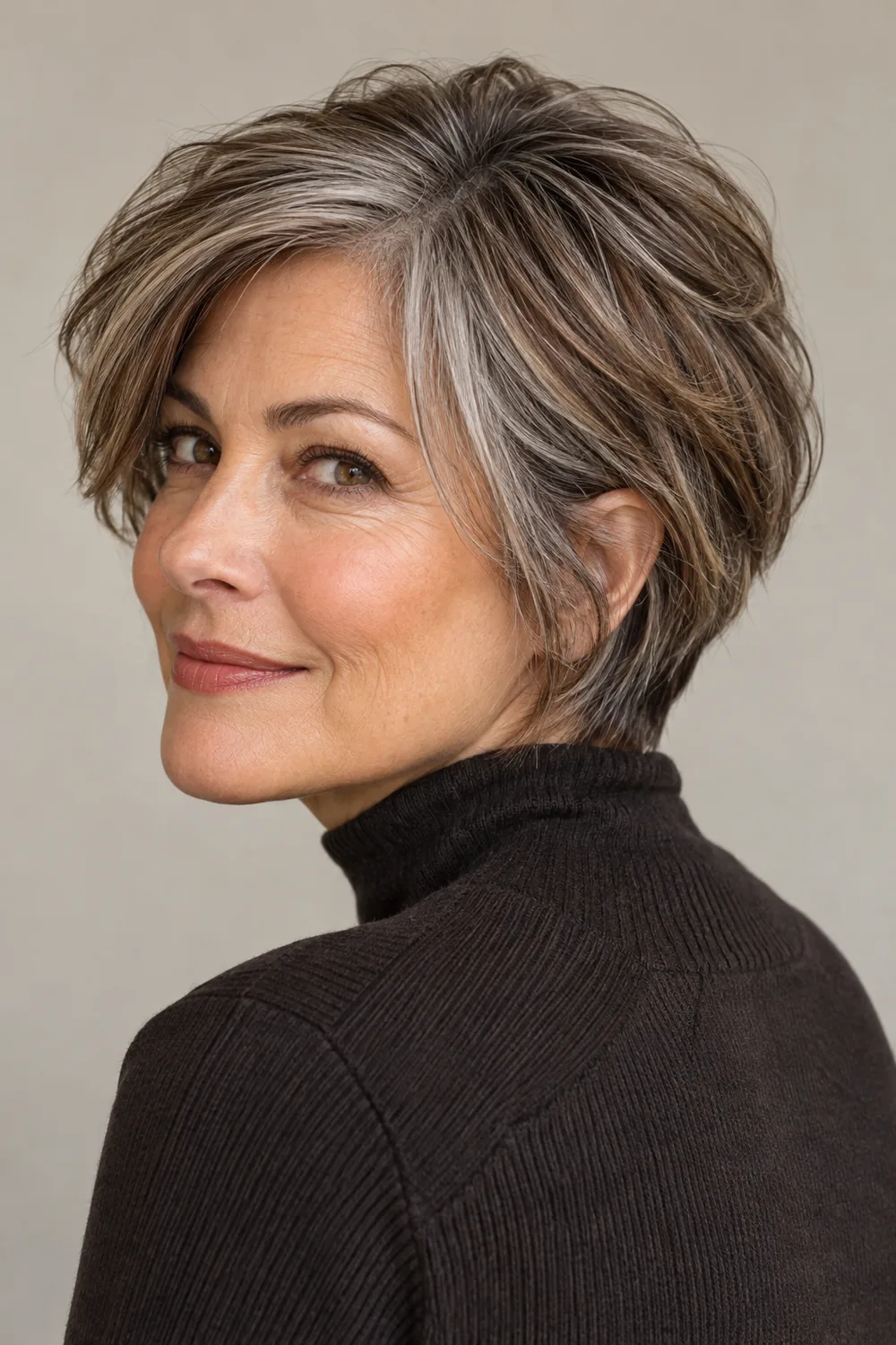 Mature woman in a rear three-quarter portrait with a short layered brown crop, visible silver strands, and darker lowlights beneath the top layer.
