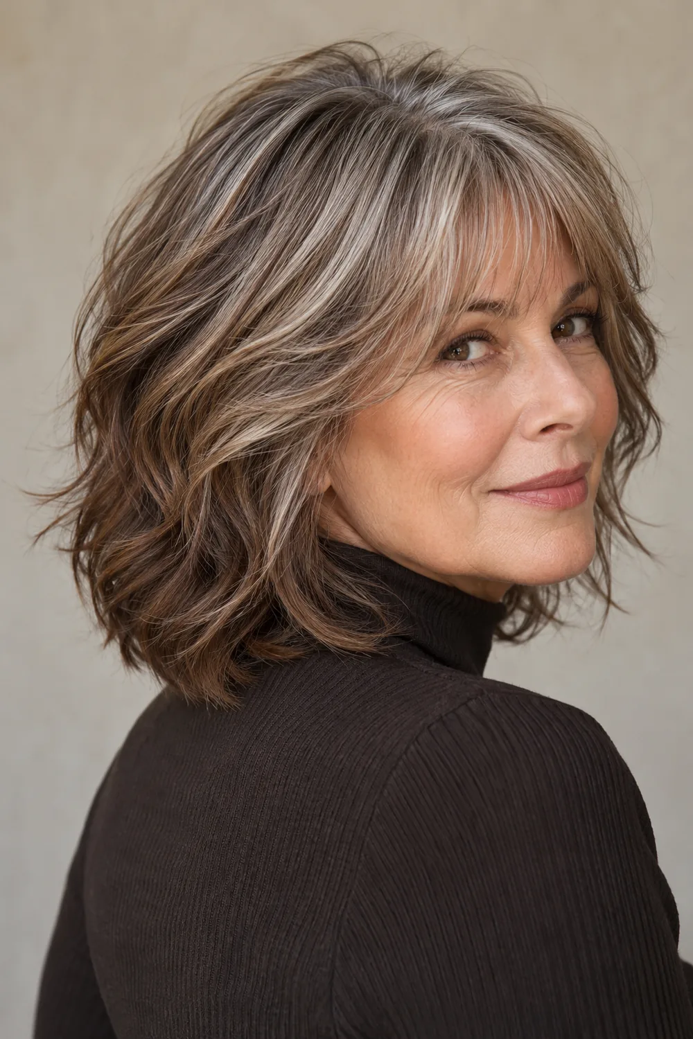 Mature woman with silver strands blended into warm brown hair and cocoa lowlights in a softly waved collarbone shag.