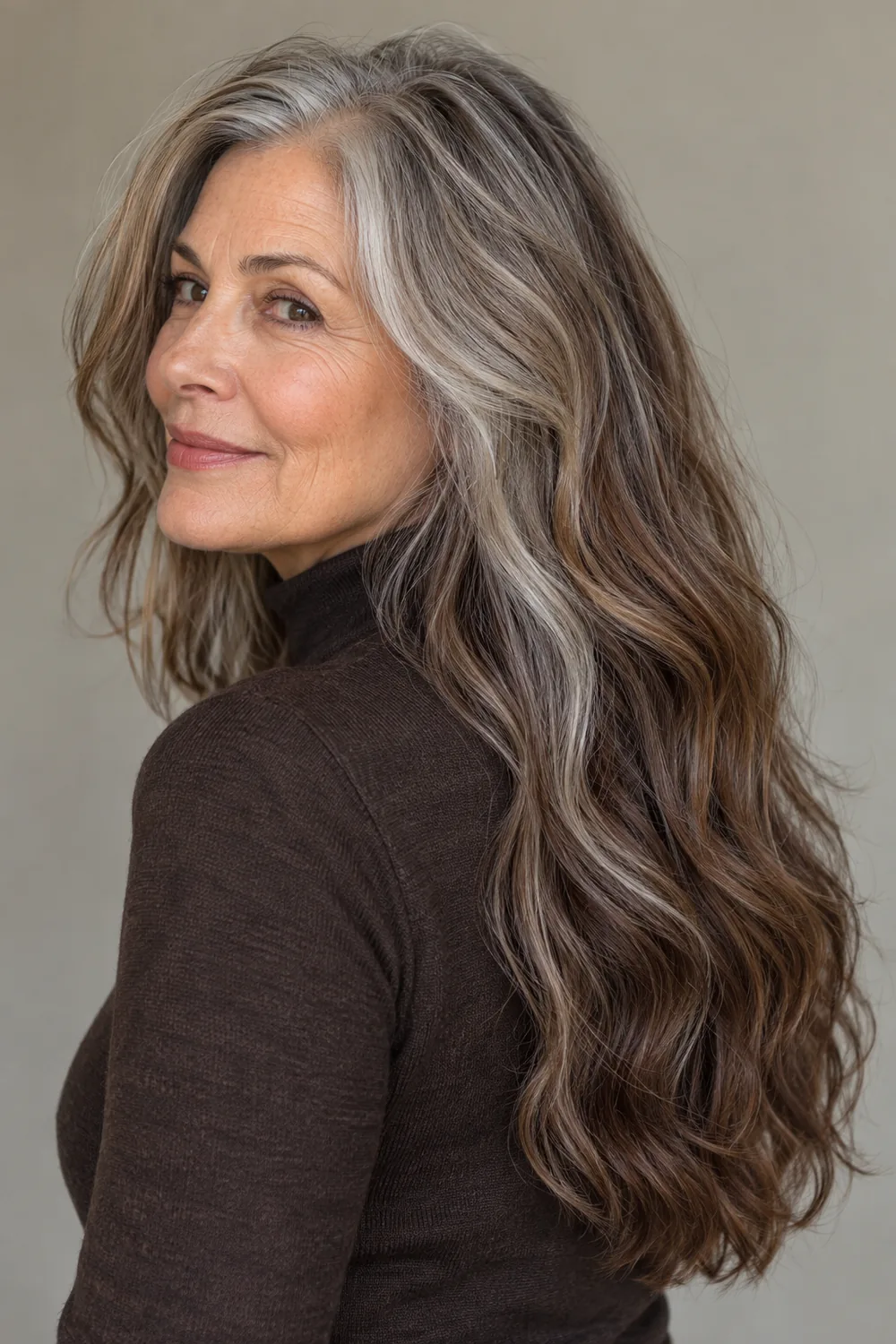 Mature woman in a three-quarter pose with long, wavy brown hair, visible silver strands, and darker lowlights through the lengths.