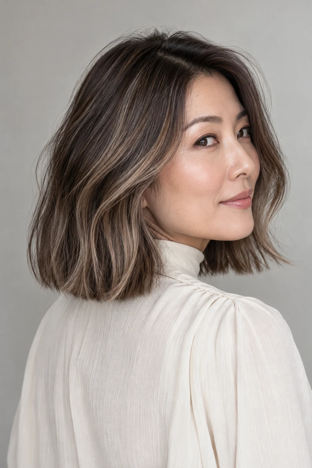 An adult East Asian woman in a cream high-neck blouse, shown in three-quarter profile with a collarbone-length smoky mushroom brunette lob, soft dark roots, and fine beige-ash highlights.