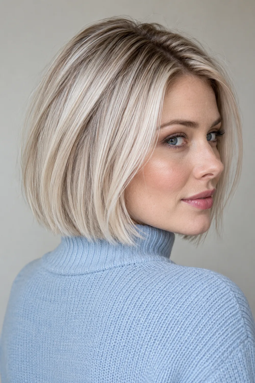 Icy pearl blonde bob with a gentle root shadow and fine silvery ribbons on a woman with fair cool skin.