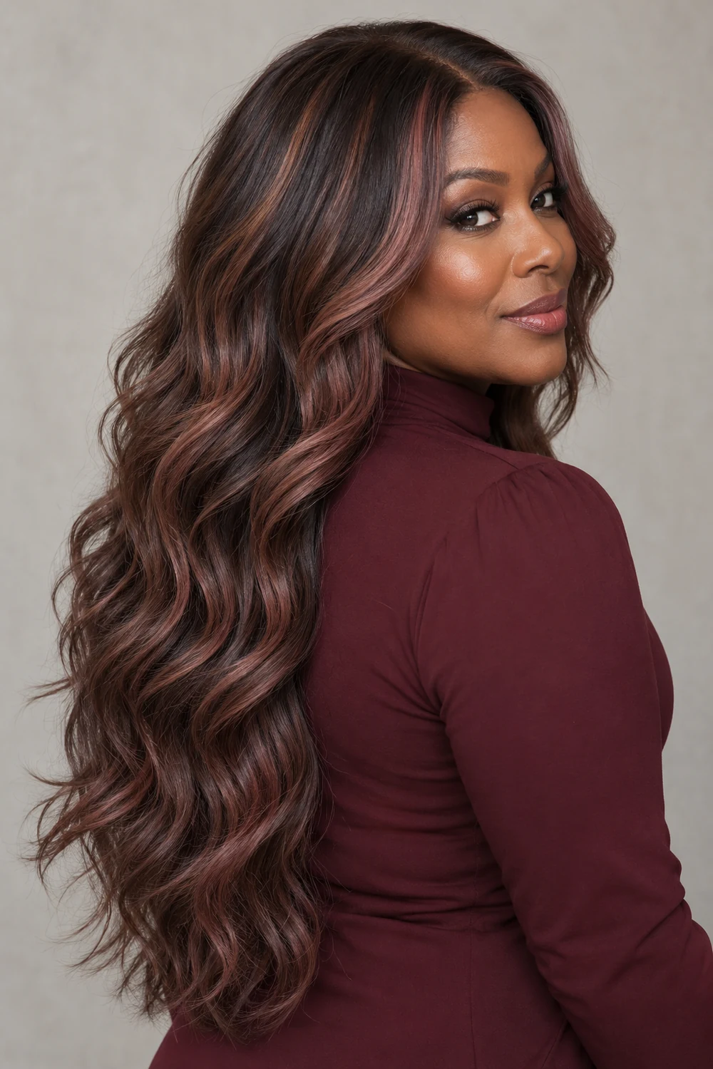 A woman with deep brown skin wears long, wavy smoky rose-brown hair with rosewood face-framing highlights and darker roots.