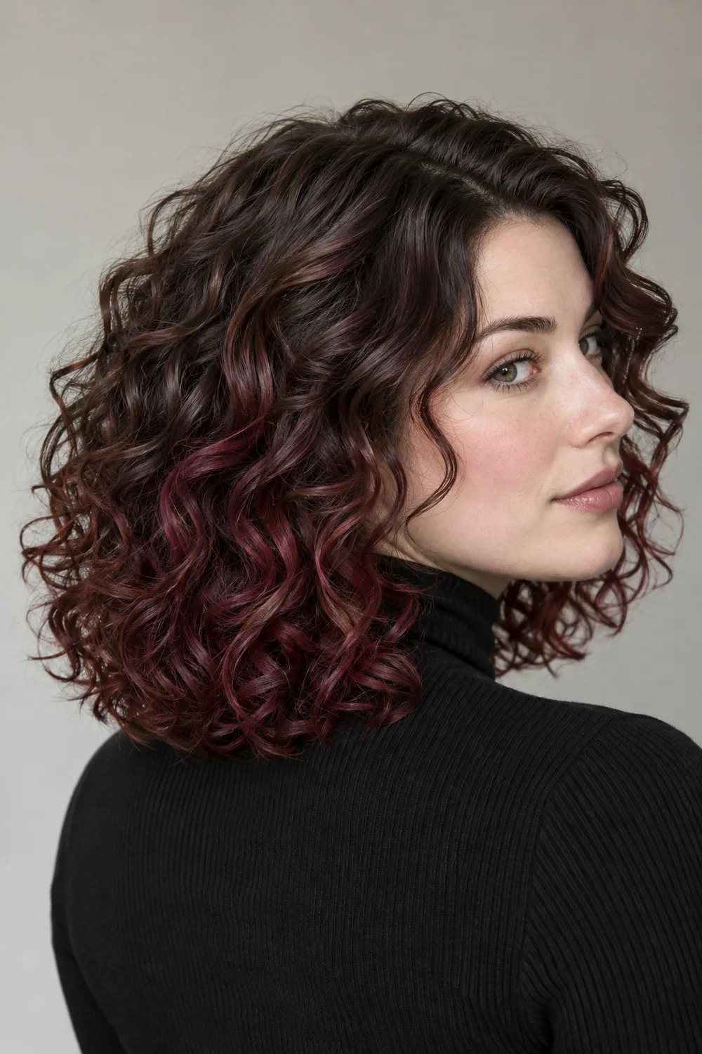A woman with fair cool-toned skin in a three-quarter portrait, wearing shoulder-length dark cherry-cola curls with red-violet panels through the lower lengths and a black high-neck knit top.