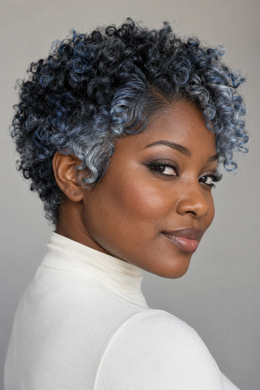 A Black adult woman in a three-quarter portrait with a chin-length coily crop in smoky slate blue, darker roots, and lighter blue-gray curls framing her temples.