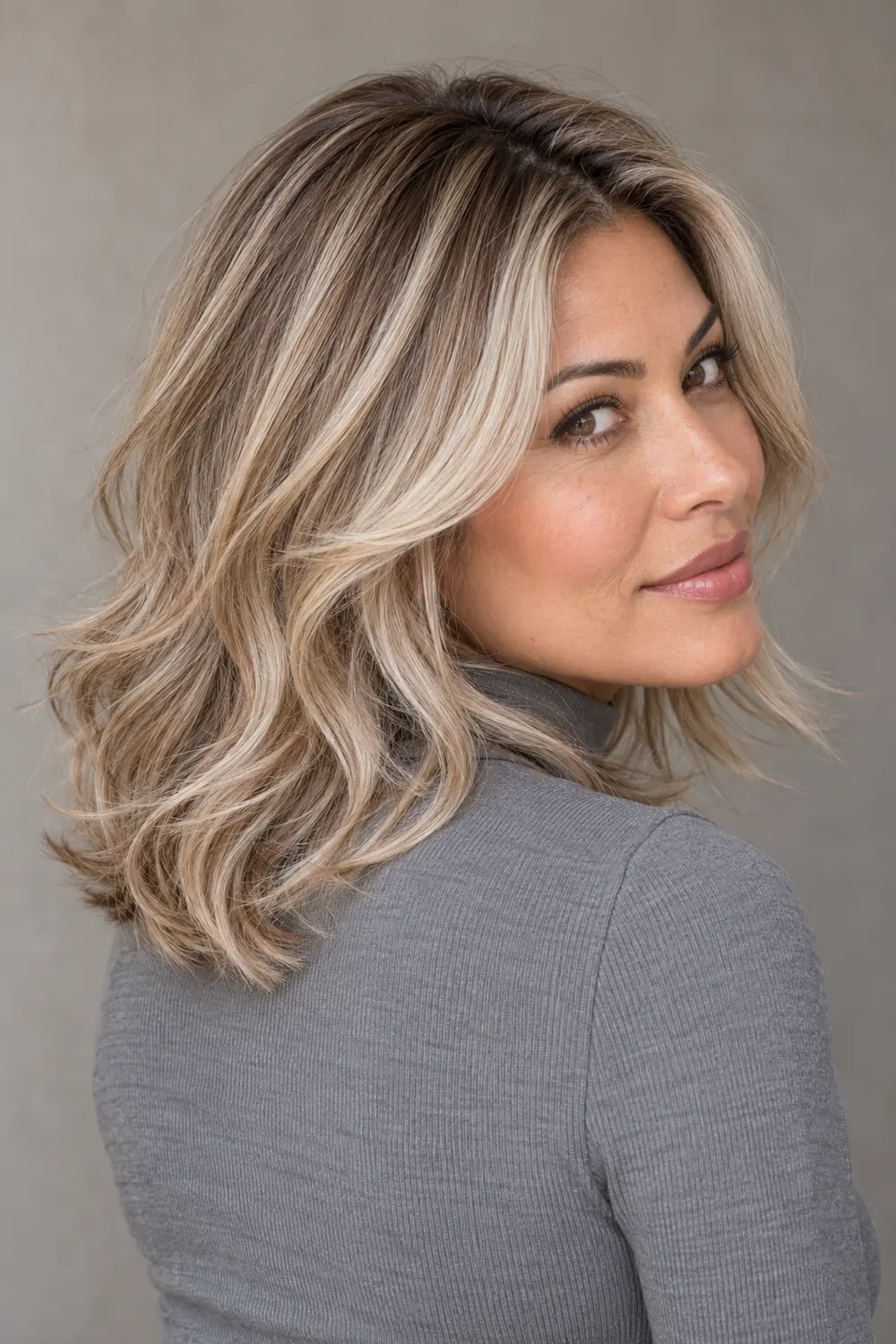 Champagne beige blonde butterfly layers with a softly shadowed root and pale face-framing ribbons on an adult woman with light olive-cool skin.