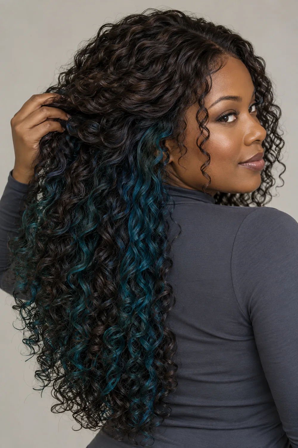 A woman with deep cool-toned skin lifts her long dark brunette curls to reveal muted teal peekaboo panels beneath the top layer.