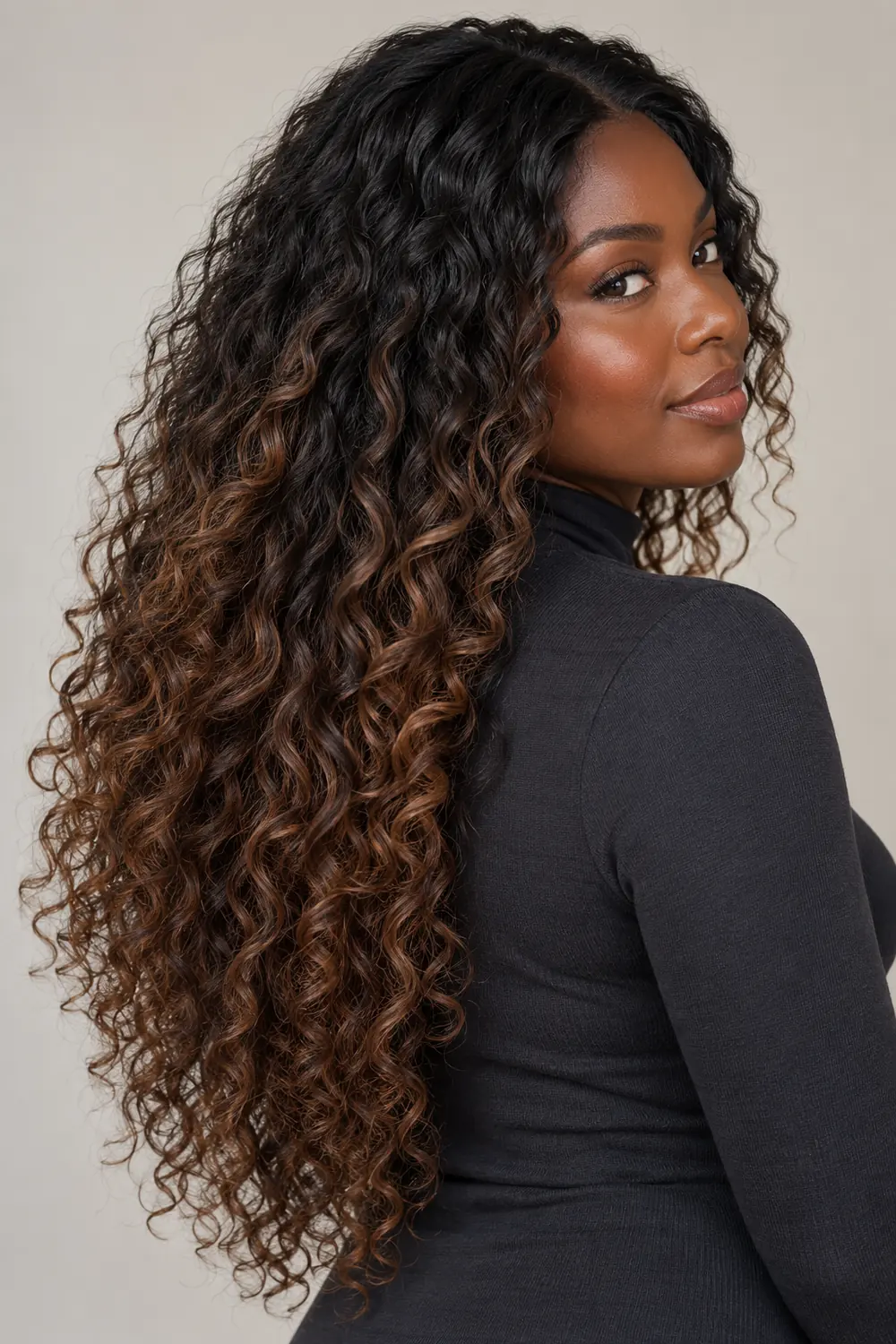 A woman with deep brown skin wears long, layered near-black curls with subtle cocoa-brown balayage ribbons, photographed against a light neutral background.
