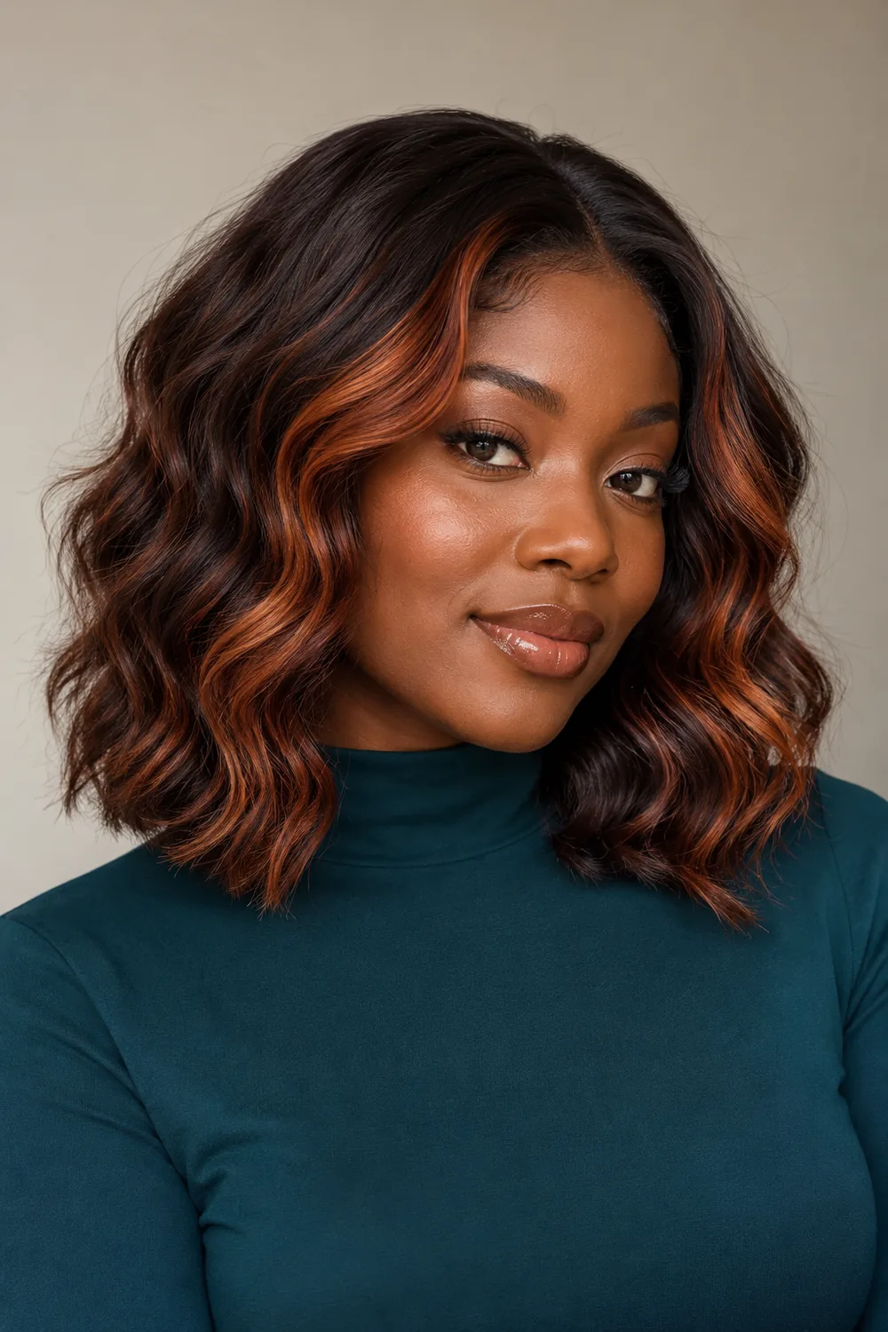 Fictional adult woman with deep warm-toned skin wearing a wavy shoulder-length mahogany lob with copper face-framing ribbons, styled with a deep teal high-neck top against a neutral background.